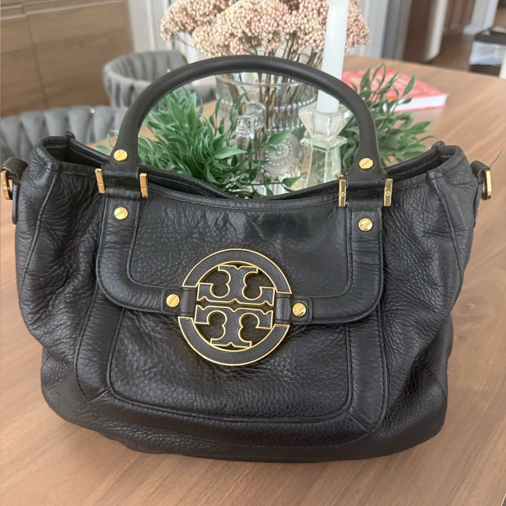 Tory Burch Black Leather Shoulder Bag with Gold Accents